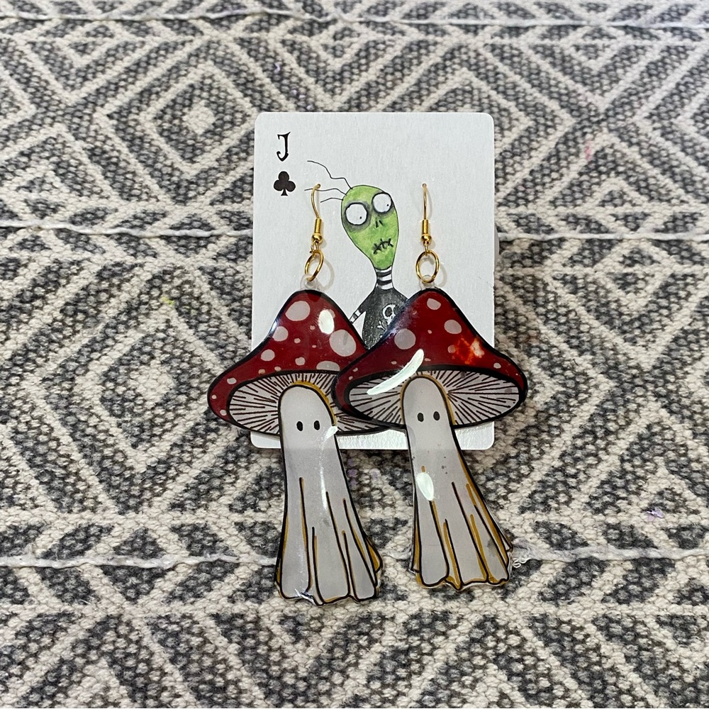*3 for $12* Handmade Recycled Plastic Ghost Mushroom Earrings - Picture 2 of 7